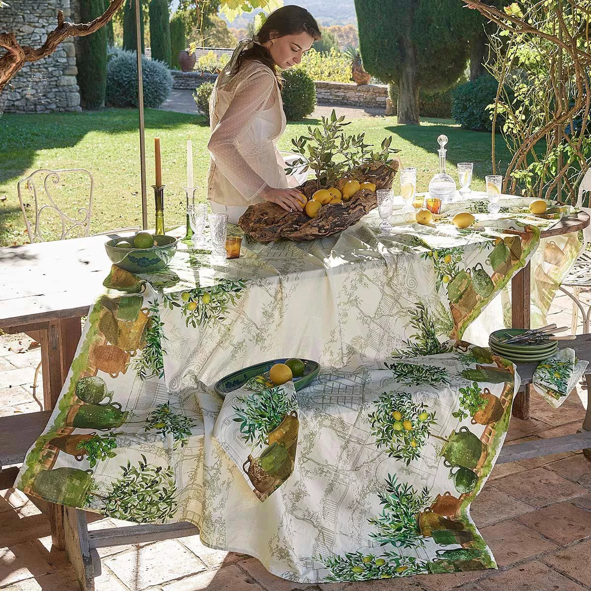 Nappe lin & coton lavé 190 g/m² imprimé vert marron Jardin provencal olive