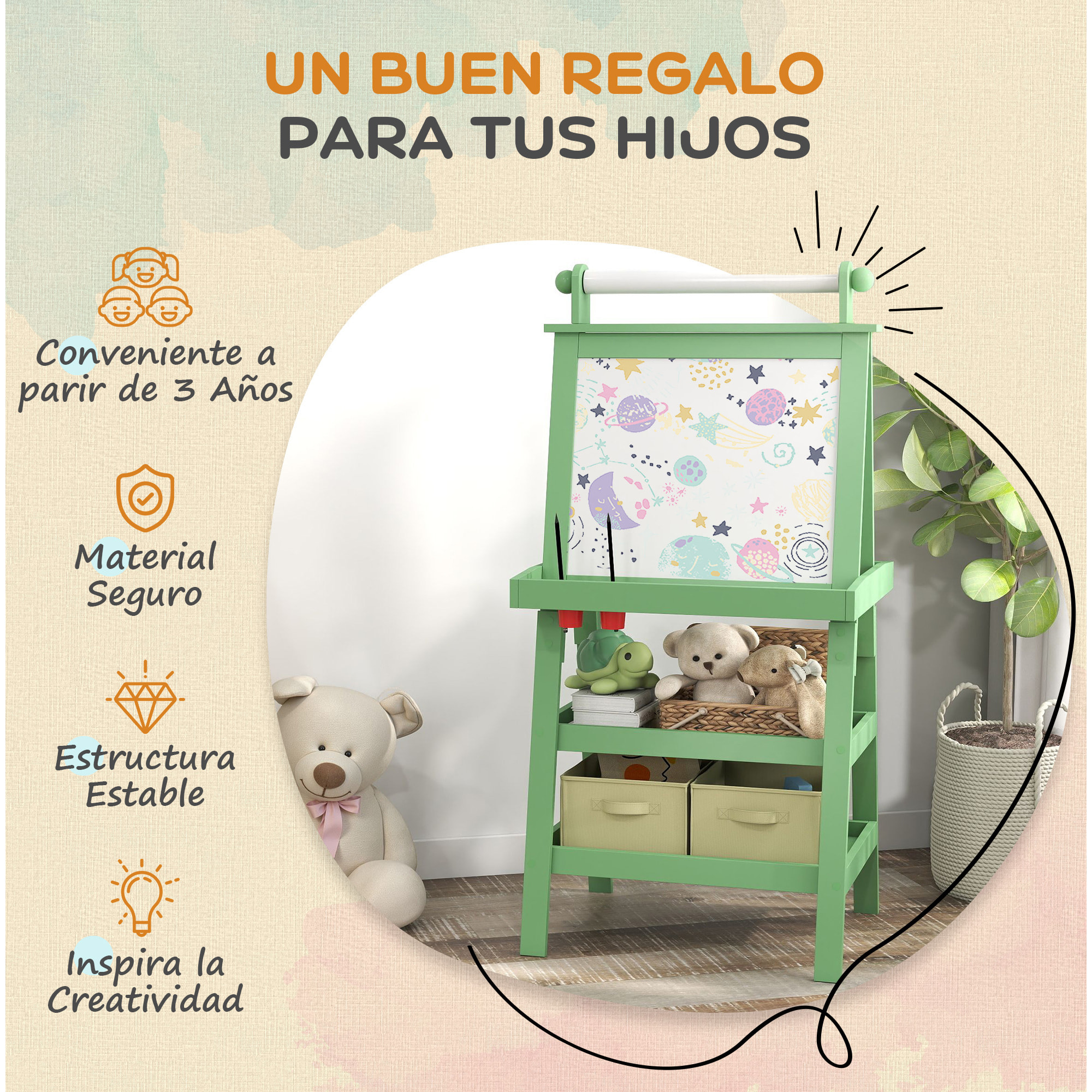 Pizarra Infantil Caballete 3 en 1 Pizarra Infantil de Doble Cara Magnética Caballete de Pintura para Niños con Rollo de Papel y Cestas de Almacenamiento 59x48x118 cm Rosa Palo