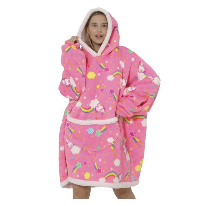 Bata estilo sudadera y manta de felpa extrasuave. Bolsillo frontal tipo canguro. Diseño Arcoiris y Unicornios