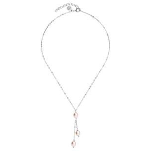 PERLAVIVA - Collana a Cravatta Multifilo Catena Rolo in Argento 925 placcato Rodio con Perle d'Acqua Dolce Rosa Ø 7/8 mm