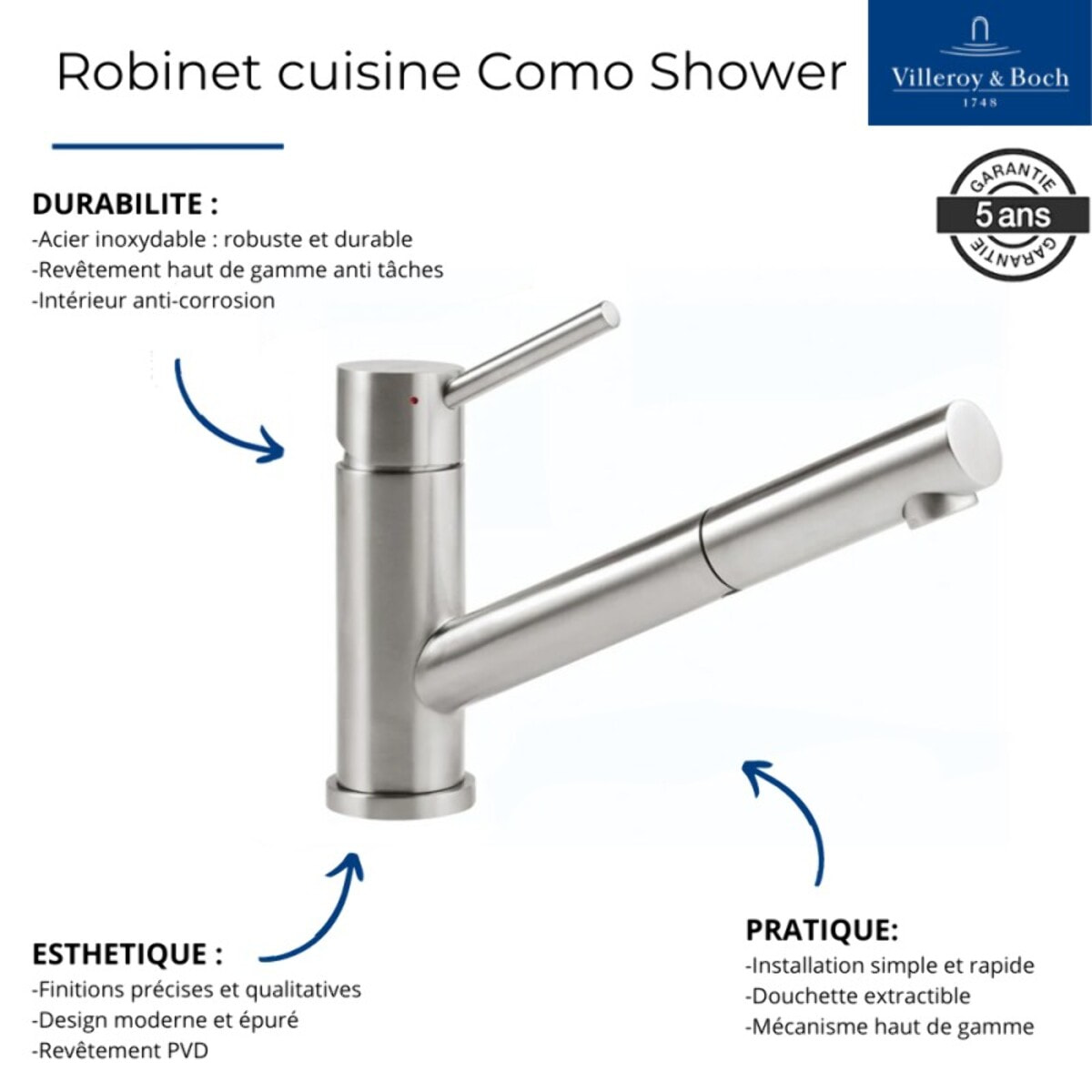 Robinet cuisine rabattable Como Shower window inox