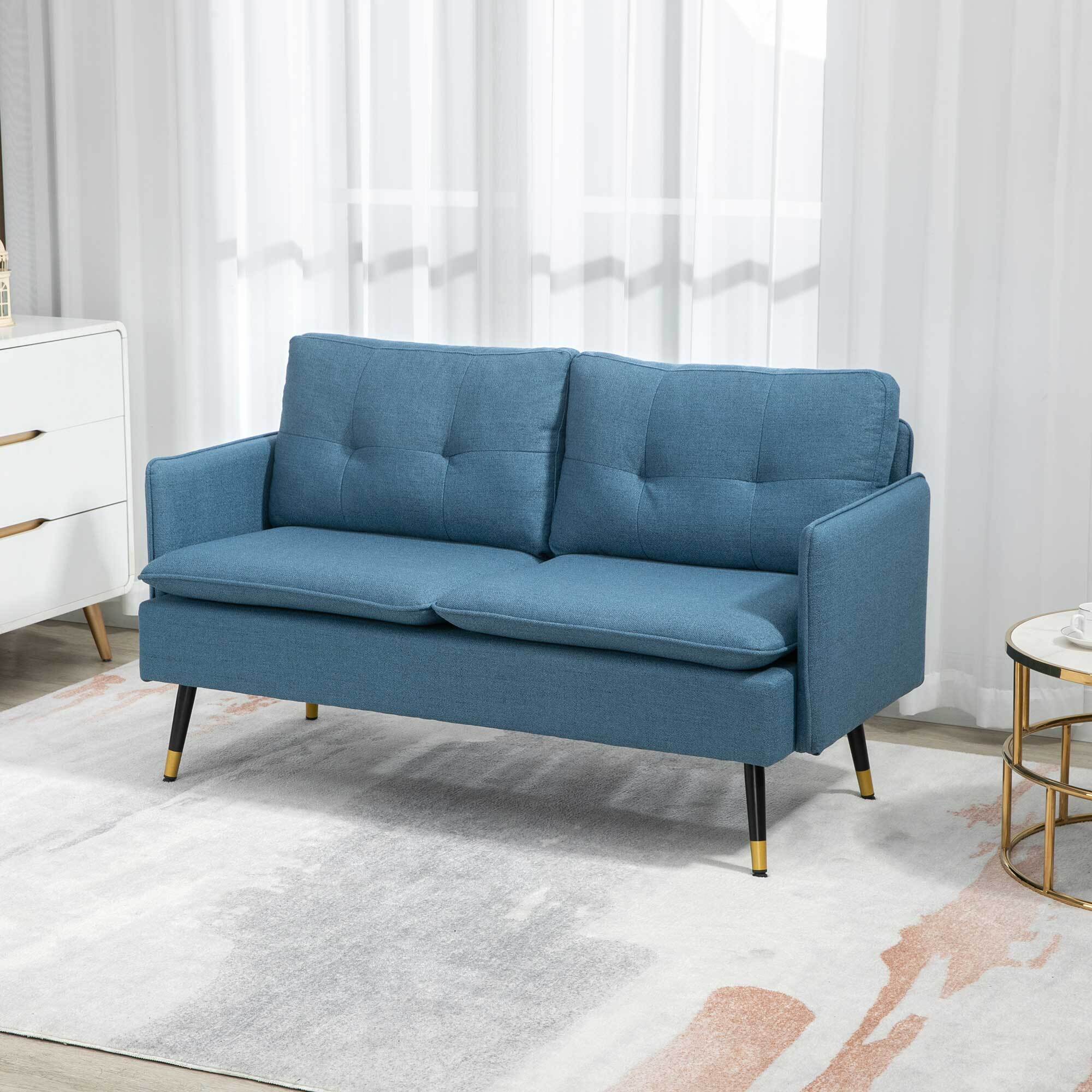 Sofá de 2 Plazas Tapizado en Lino Sofá de Salón con Cojines Reposabrazos y Patas de Acero para Dormitorio Oficina Carga 240 kg 139x68x80 cm Azul