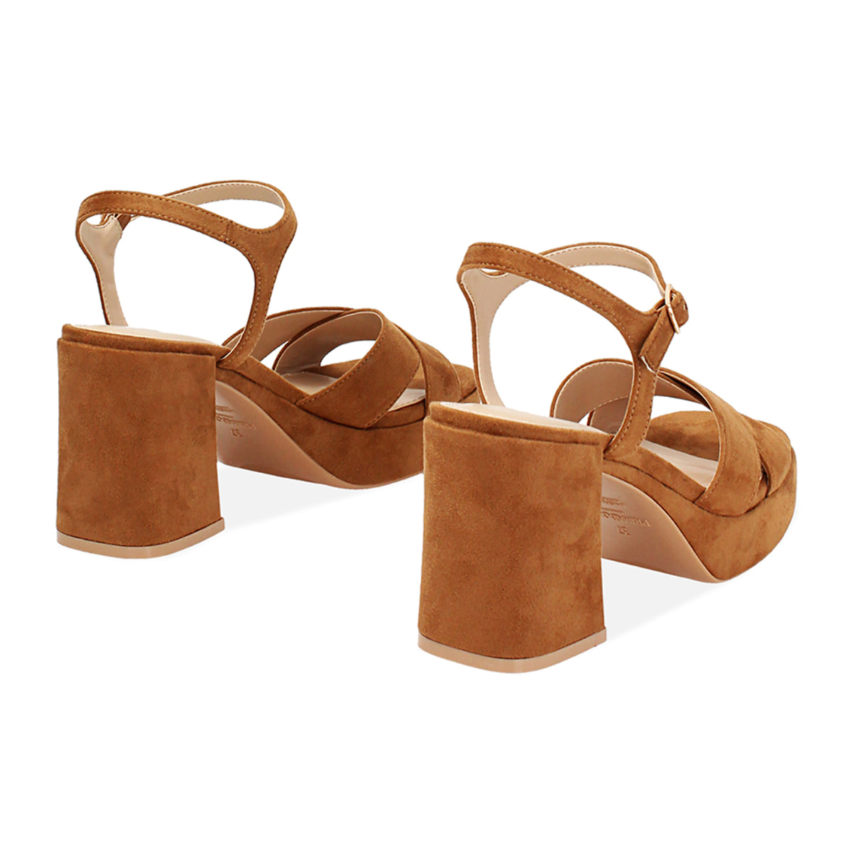 Sandalo donna cognac con plateau, tacco largo 8,5 cm