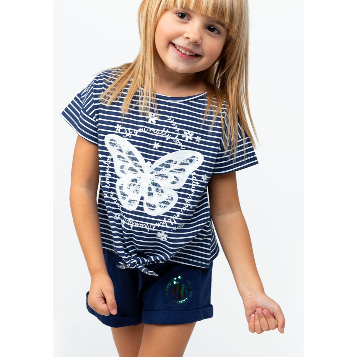 Maglietta da bambina con nodo a farfalla  navy