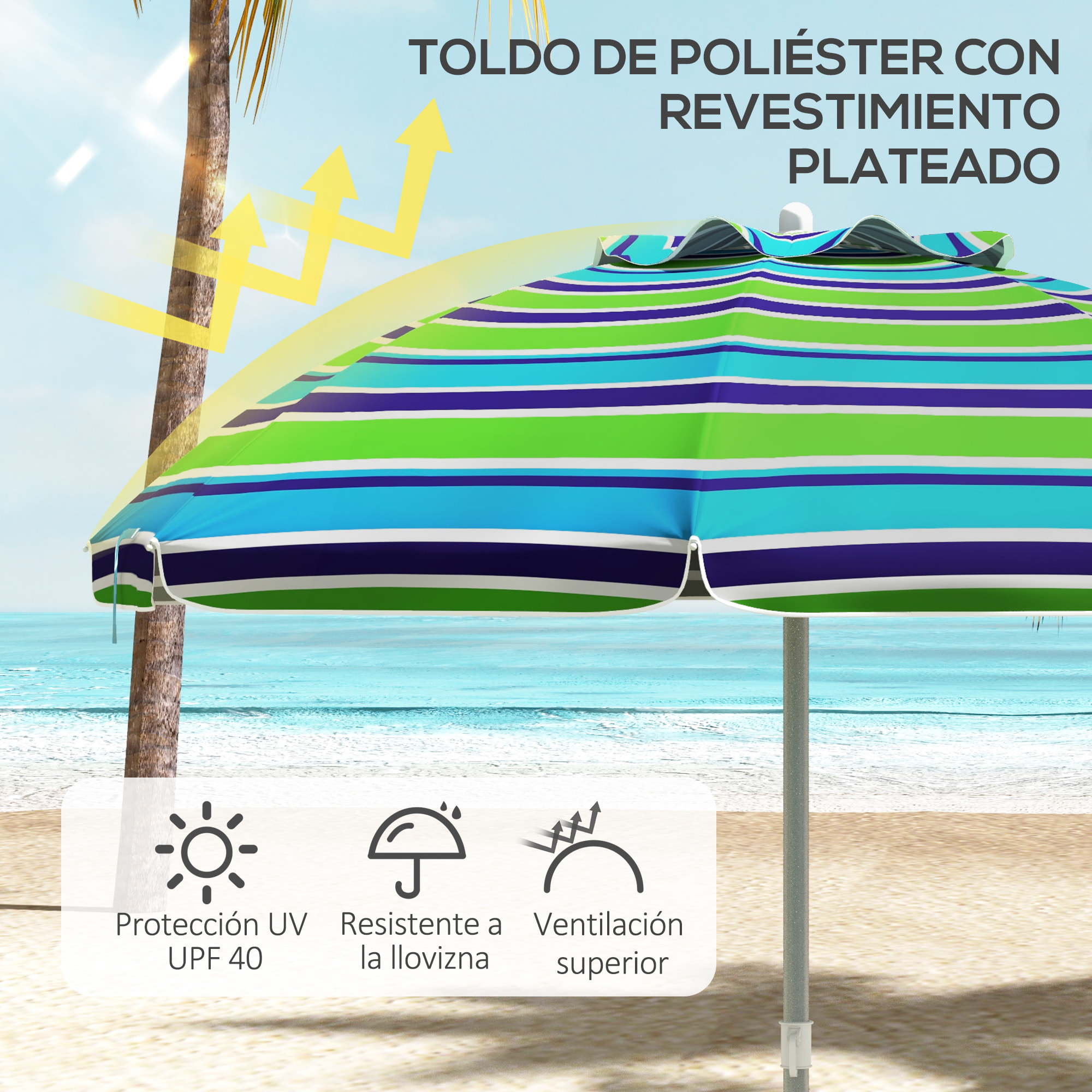 Sombrilla de Playa Ø178x205 cm Parasol para Terraza con Reclinación 45° Altura Ajustable Apertura Manual Anti-UV Impermeable y Bolsa de Transporte para Jardín Piscina Multicolor