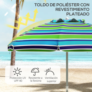 Sombrilla de Playa Ø178x205 cm Parasol para Terraza con Reclinación 45° Altura Ajustable Apertura Manual Anti-UV Impermeable y Bolsa de Transporte para Jardín Piscina Multicolor