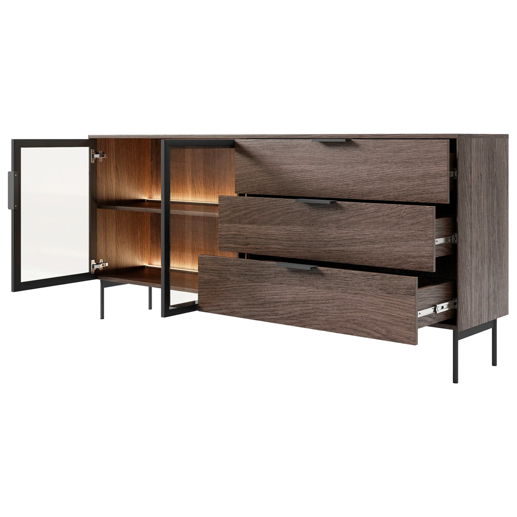 Credenza Madia Moderna 4 Ante In Vetro Illuminazione Led Interna In Melaminico Per Soggiorno Sala Da Pranzo 181.3 x 39.3 x 82.6 Cm Rovere Scuro