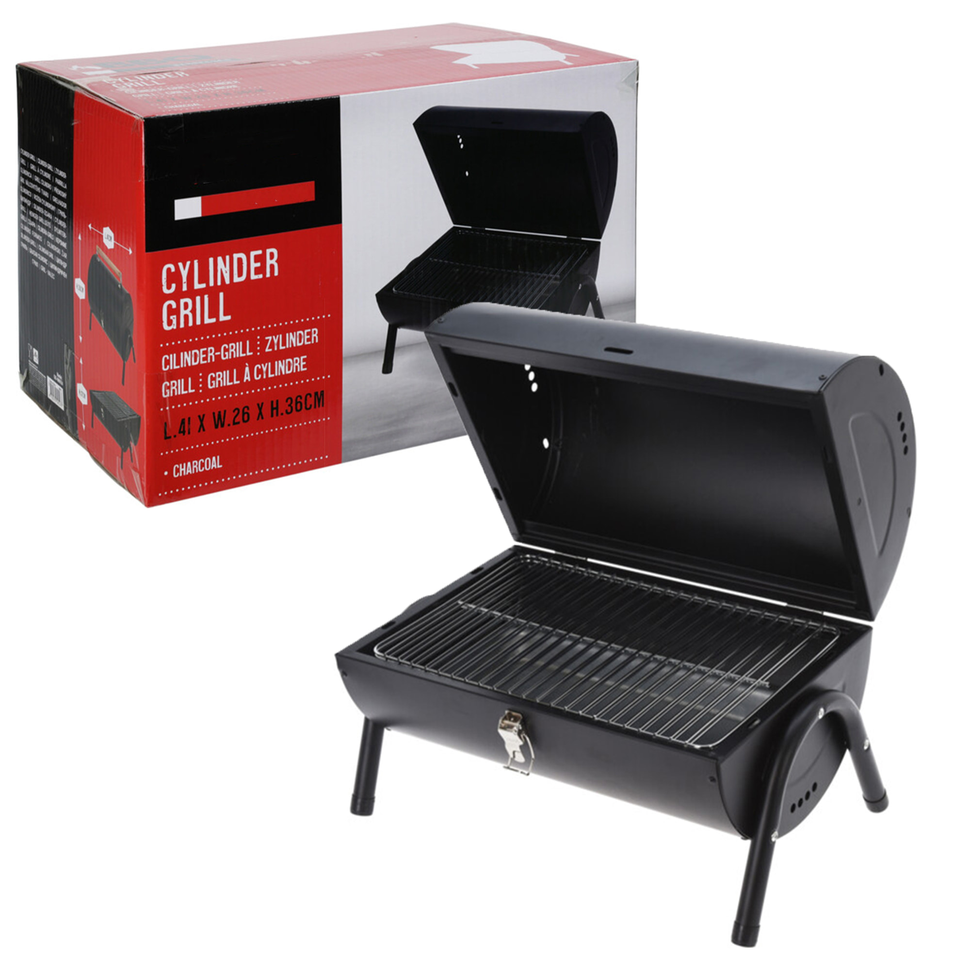 Barbacoa cilindro de metal negro mate con mango de madera y patas metálicas - Incluye 2 rejillas y 2 placas metálicas 38x24,5cm