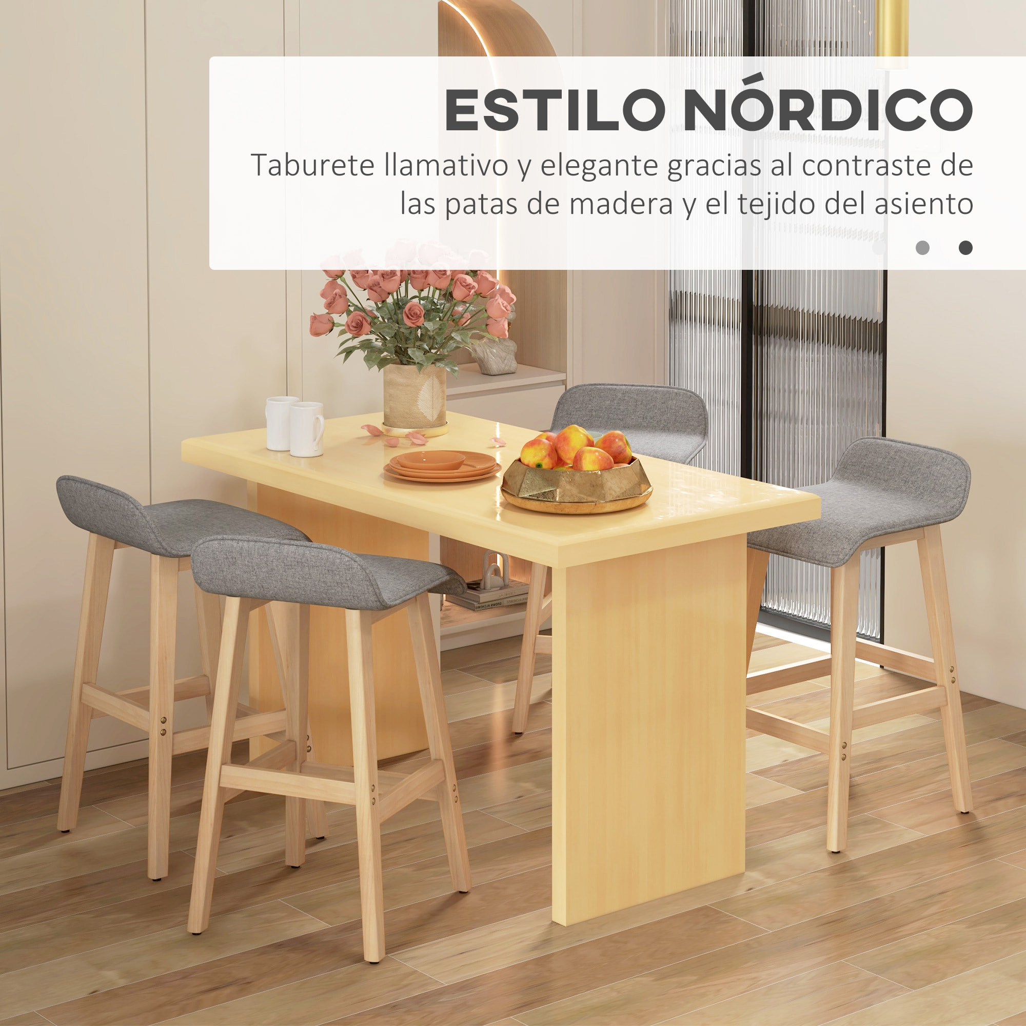 Conjunto de 4 Taburetes de Bar Tapizado en Lino Sintético Taburetes Altos de Cocina con Reposapiés y Patas de Madera Carga 120 kg 40x41,5x75,5 cm Gris y Natural