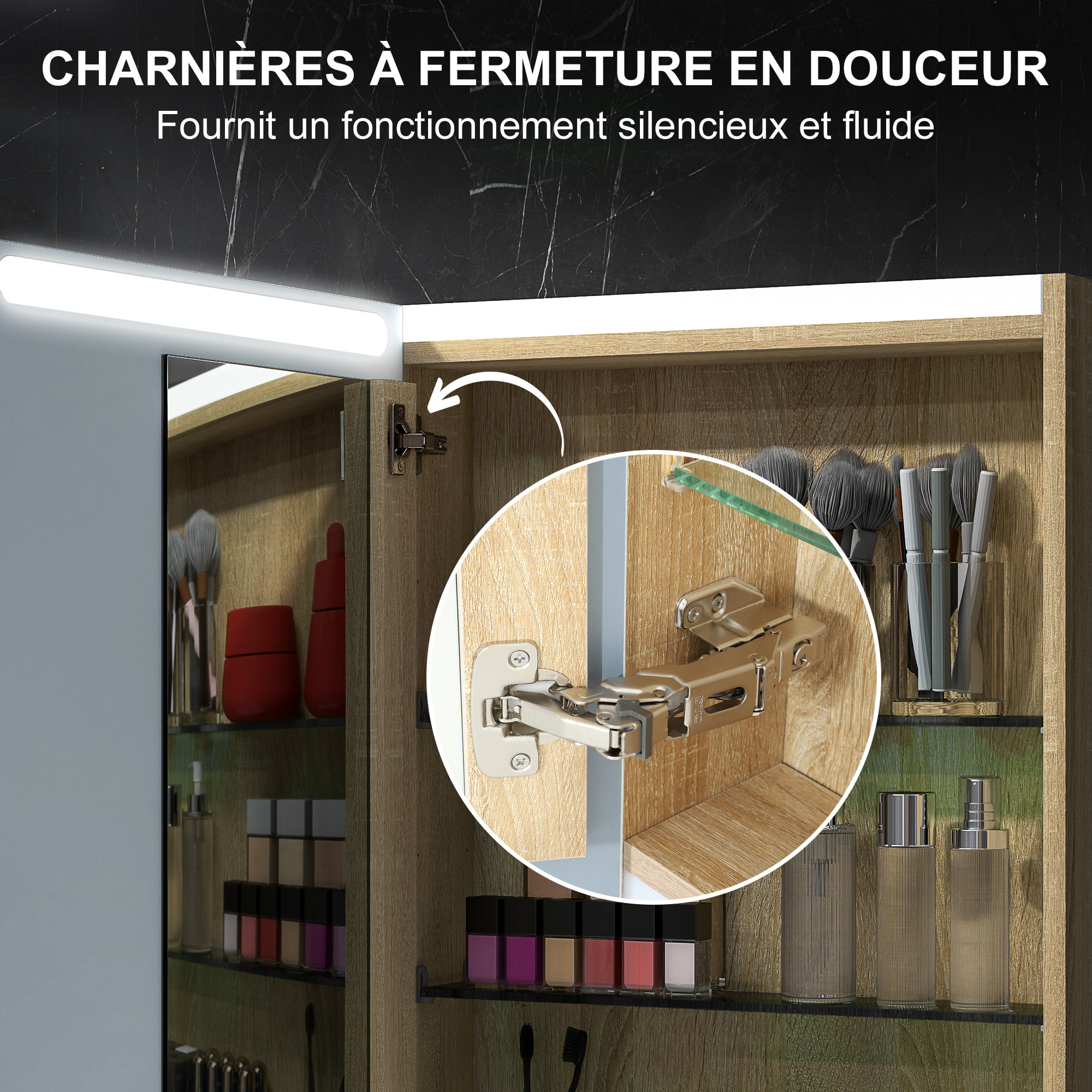 Armoire murale salle de bain  1 porte miroir lumineux LED intégré 50 x 70 cm 2 étagères verre effet bois
