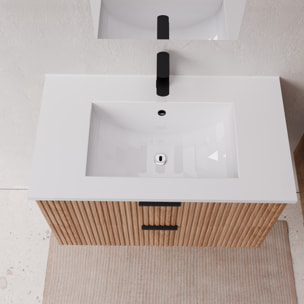 Pack Meuble salle de bain 80cm et Colonne de rangement - Façades Ondulées Décor Bois - MILO