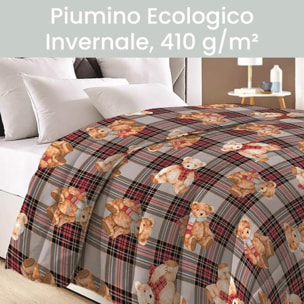 INTRECCI Piumino 1 Piazza e Mezza, 220x260cm, Piumino Ecologico, Caldo, Invernale, 300 g/m², Anallergico, Antiacaro, Made in Italy, Lavabile in Lavatrice, Soffice, Morbido. Fantasia: Tartan Orsetti