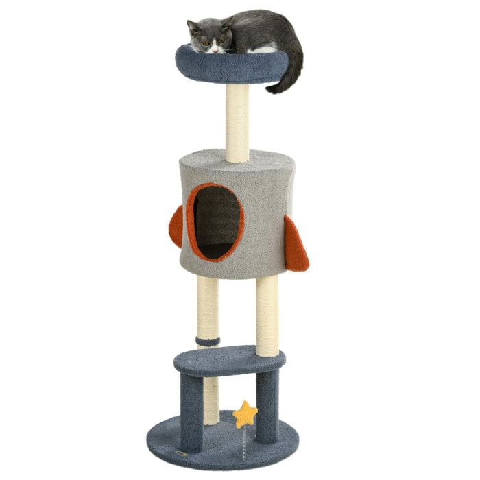 Árbol Rascador para Gatos de 116 cm Tipo de Cohete Torre para Gatos Interior con Postes para Rascar Cama Cueva y Juguete Estrella Ø44x116 cm Azul