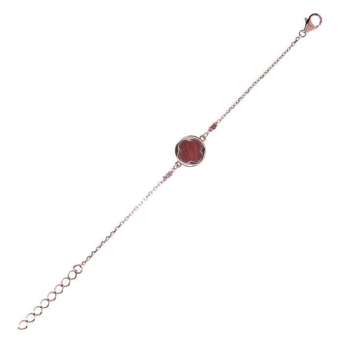 Bracciale Portafortuna Quadrifoglio in Golden Rosé con Pietra Naturale Quarzite Rossa Placcato Oro Rosa 18kt