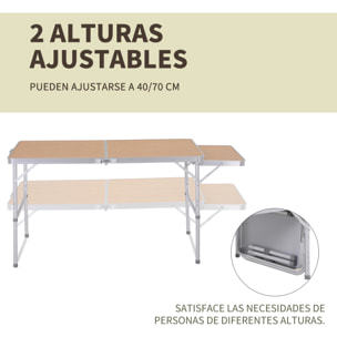 Plegable de Camping Portátil con Ala Abatible Mesa de Picnic de Encimera MDF Estructura Ligera de Aluminio Carga 30kg Altura Ajustable 153x60x39/71 cm
