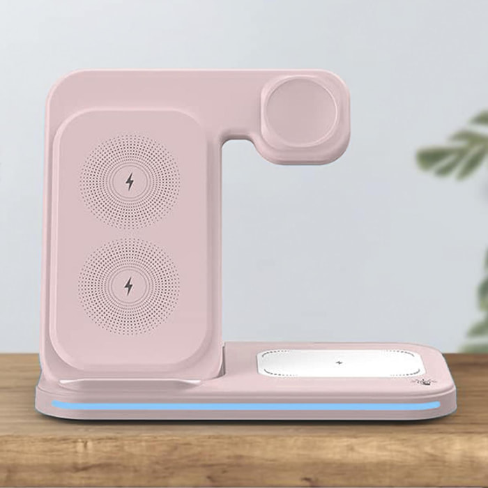 DAM Base de carga inalámbrica plegable 3 en 1. Base Qi 15W doble posición, cargador de Apple Watch y base Qi. Con luz ambiental. Función stand. 15x8,5x11 Cm. Color: Rosa