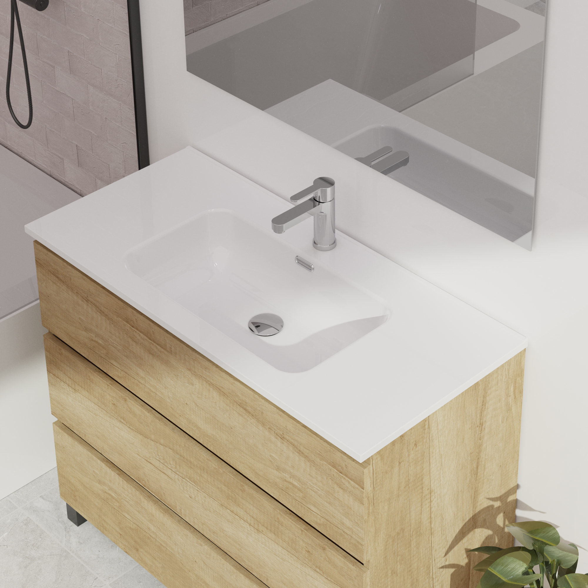 Ensemble De Salle De Bain Wink | 100 Cm Nature | 3 Tiroirs | Vasque Ceramique | N'Inclut Pas Miroir | Mueble Montado | Alday