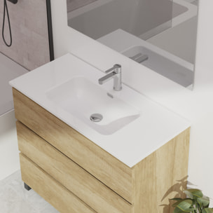 Ensemble De Salle De Bain Wink | 100 Cm Nature | 3 Tiroirs | Vasque Ceramique | N'Inclut Pas Miroir | Mueble Montado | Alday