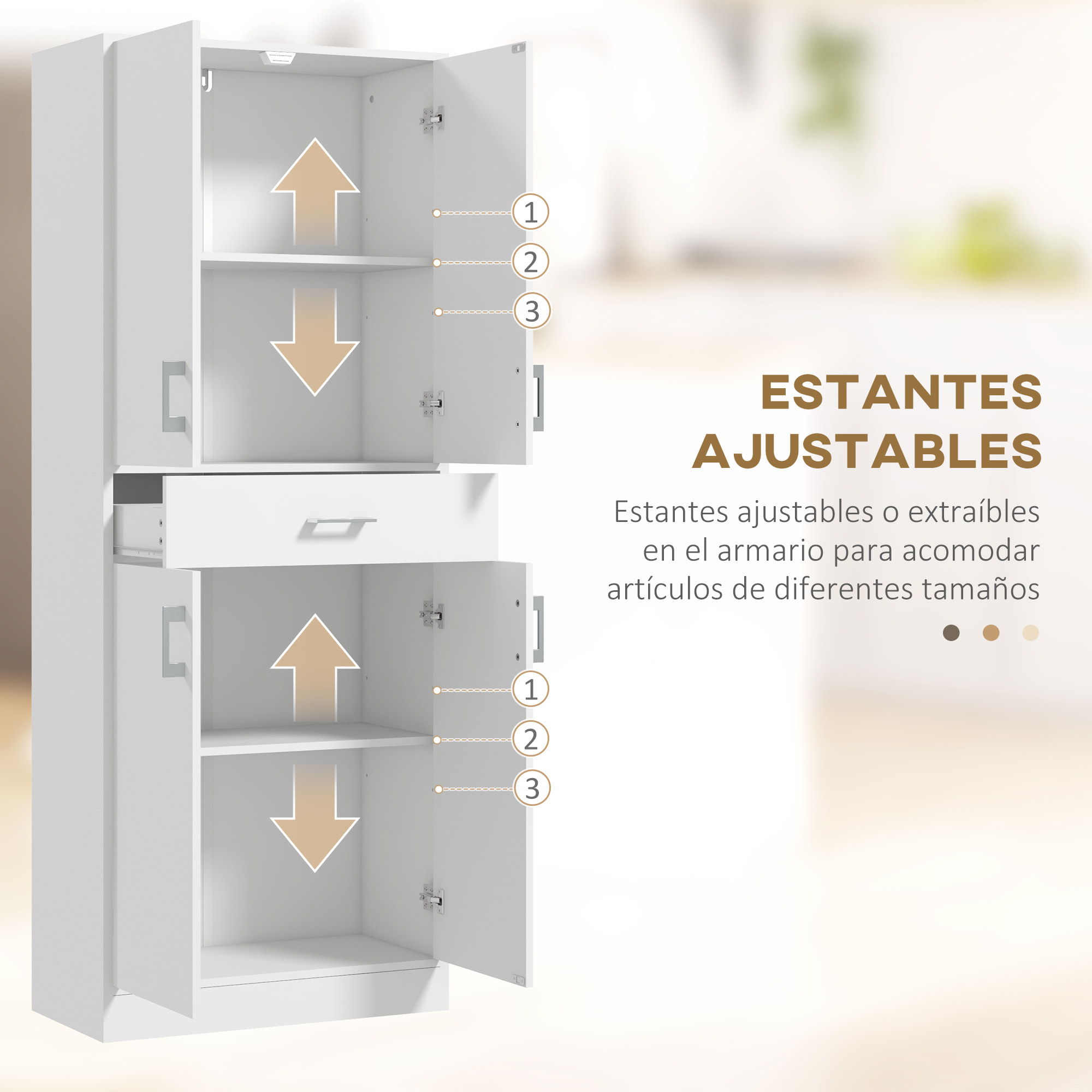 Alacena de Cocina Mueble de Cocina con 4 Puertas 1 Cajón y Estantes Ajustables Antivuelco Armario de Cocina Moderno para Comedor Salón 70,8x34x180 cm Blanco y Plata