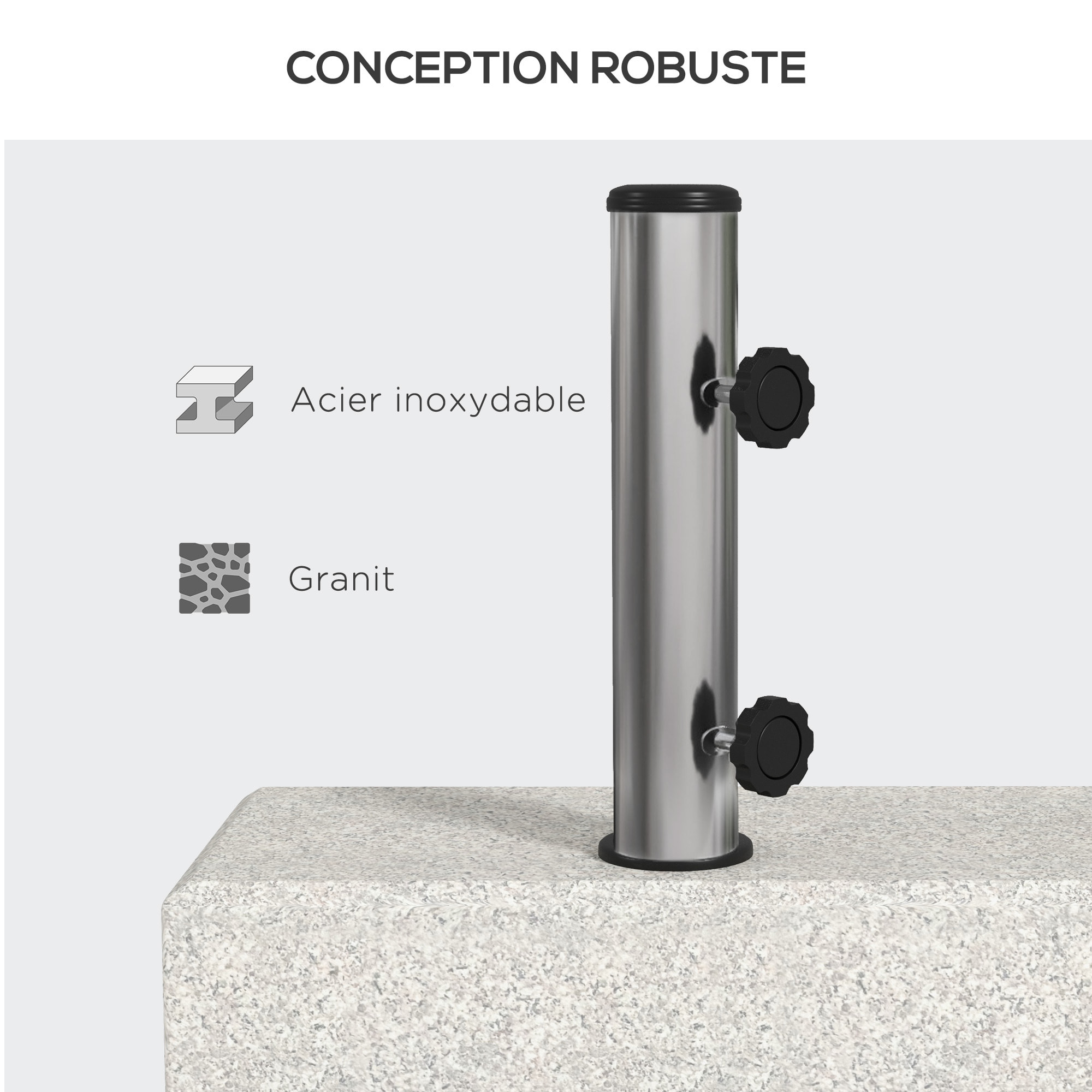 Pied de parasol en granite gris - poids net 25 Kg - 2 vis de serrage - compatible mât 32 à 48 mm