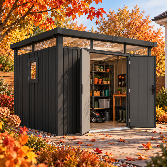 Abri de jardin métal anthracite 5.71 m² toit plat + kit d'ancrage