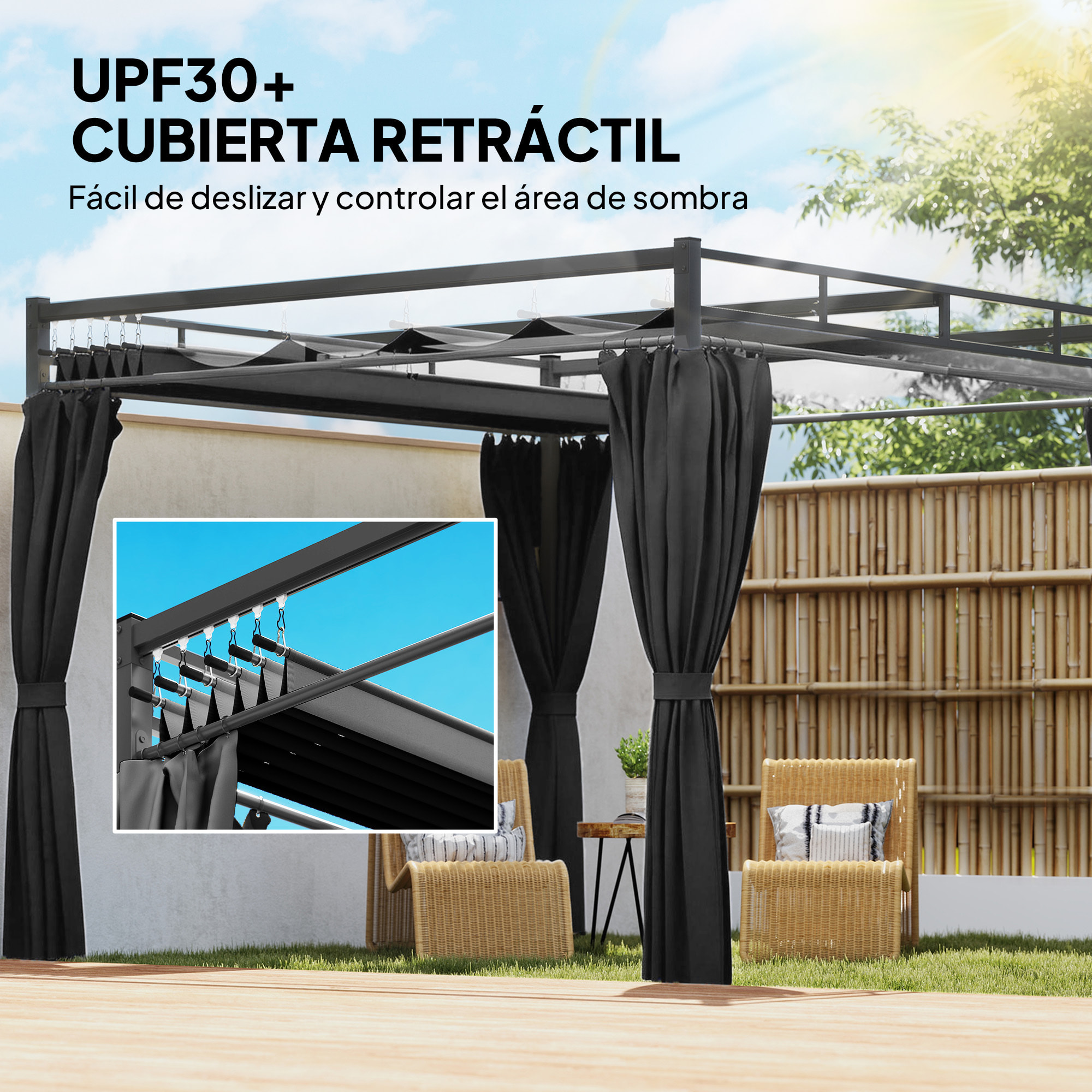 Pérgola de Jardín 3x3 m con Techo Retráctil y 4 Cortinas, Cenador de Jardín con Protección UV30+, Impermeable, Estructura Metálica, Pabellón para Patio, Terraza, Exterior, Gris Oscuro