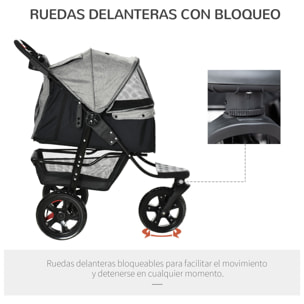 Cochecito para Mascotas Plegable Carritos para Perros con 3 Ruedas Puerta Ventanas de Malla Cesta de Almacenaje y Correas de Seguridad Marco Acero 109,5x57,5x106,5 cm Gris