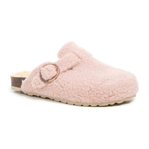 Zueco de borreguito con hebilla circular. BABUNKERS ROSA