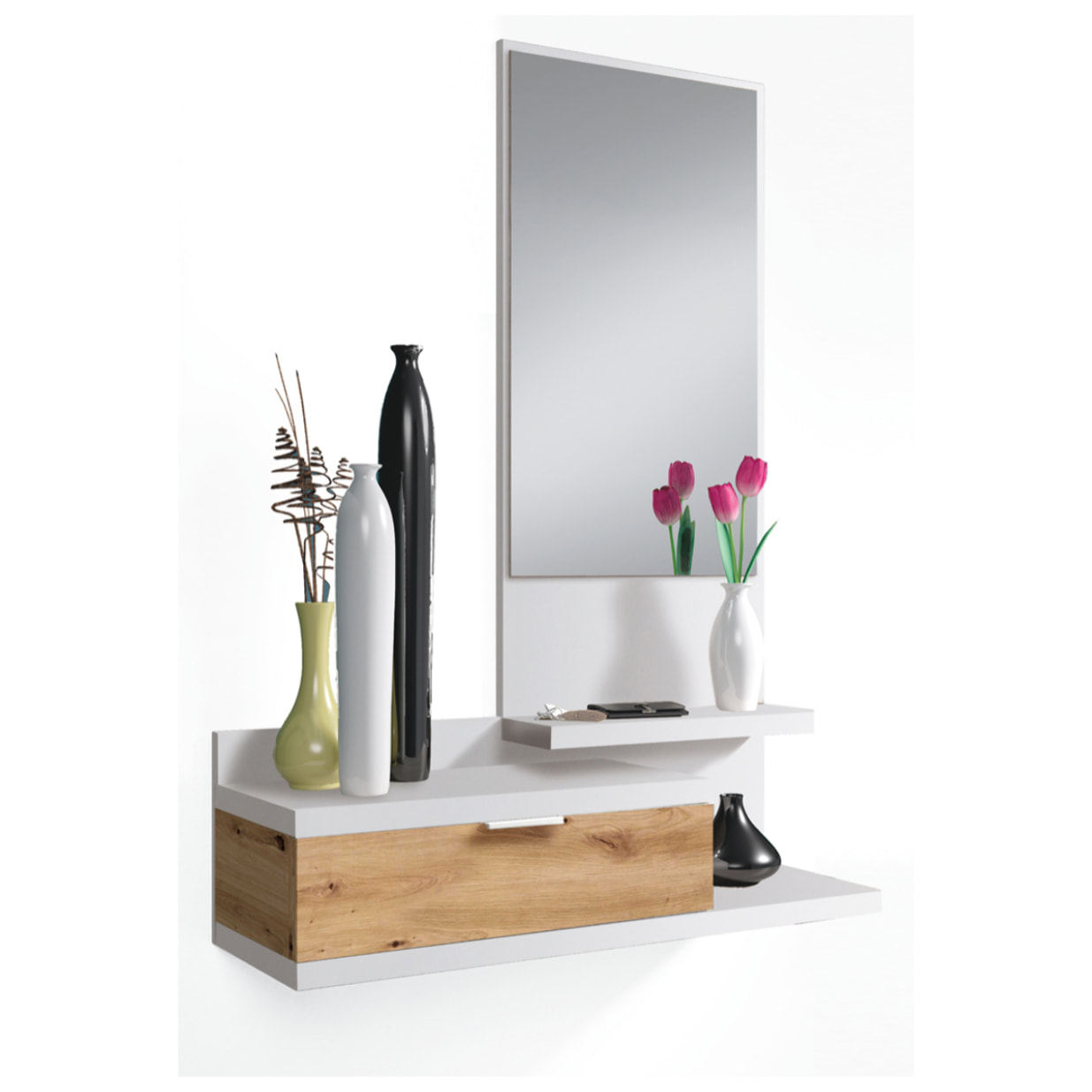 Mueble Recibidor Lia Cajón Y Espejo 116x81x29 Cm Roble Nodi Y Blanco Artik