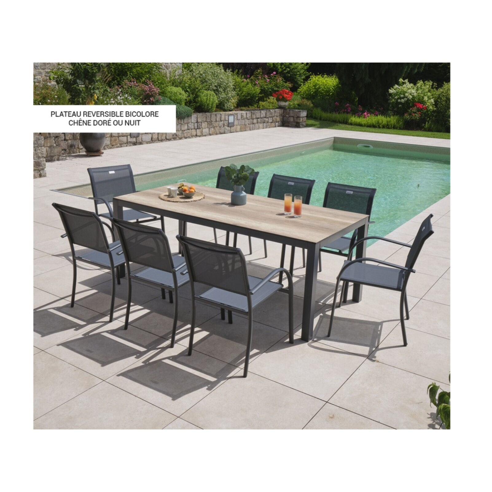 Ensemble table et fauteuils de jardin  - Chêne doré et Nuit - TIMOR