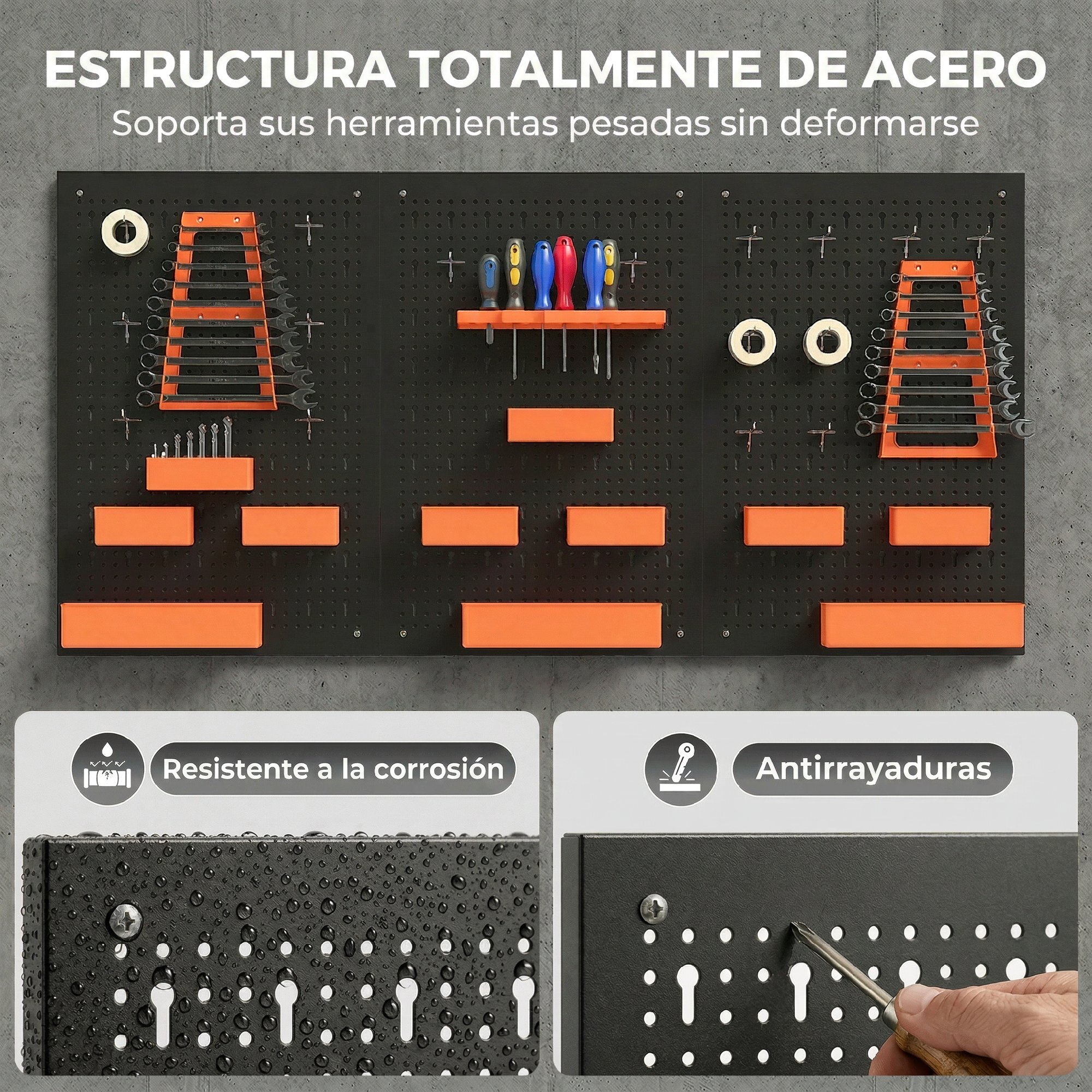 Organizador de Herramientas de Pared de 33 Piezas 120x60 cm, Paneles de Herramientas de Pared con Ganchos, Contenedores y Estantes, para Garajes, Negro y Naranja