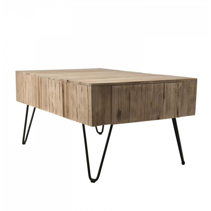 LALY - Table basse rectangulaire 2 tiroirs branches bois Teck naturel - pieds épingles scandi métal