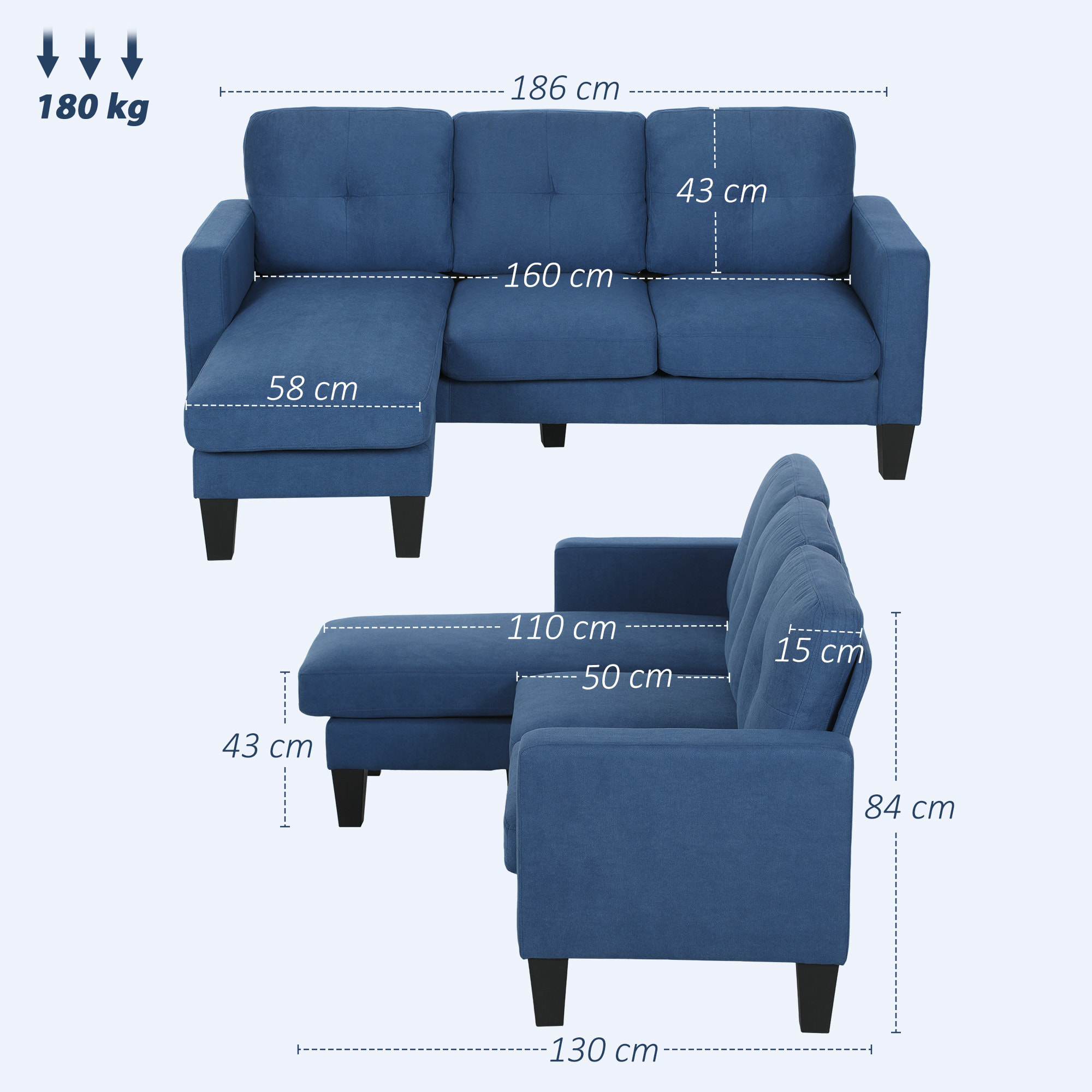 Canapé d'angle 3 places méridienne réversible garnissage mousse haute densité tissu aspect lin bleu