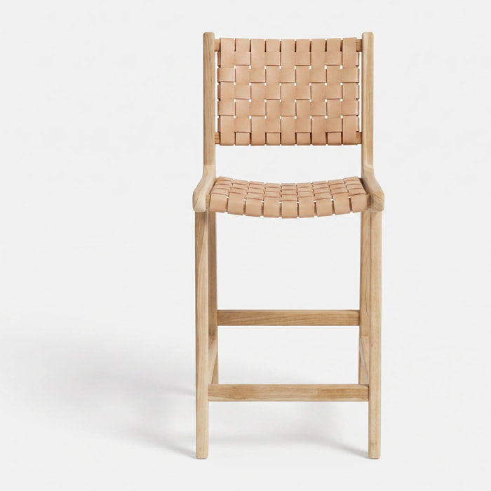 Lot de 2 chaises pour îlot central 66,5 cm en teck, cuir tressé beige - Kuna