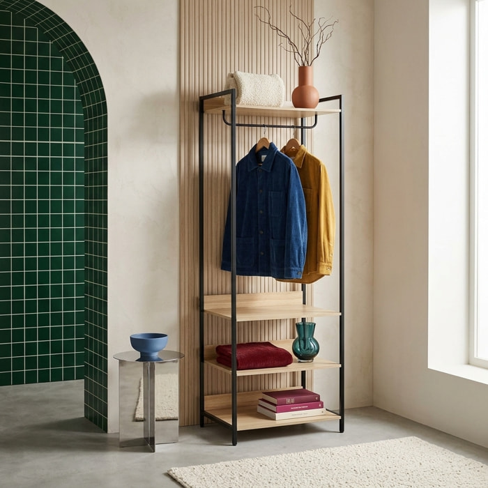 Module dressing décor bois et métal 1 penderie 3 étagères CLEVER