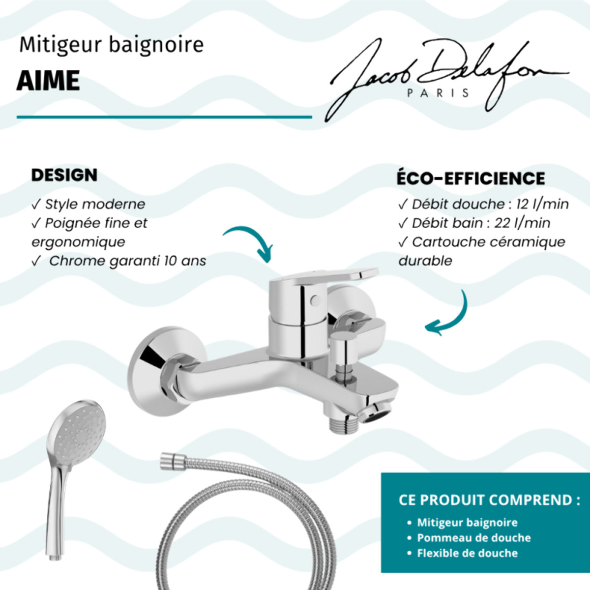 Mitigeur baignoire Aimé + pommeau de douche Awaken + flexible de douche métal