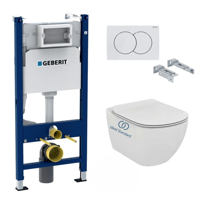 Pack WC Bati-support Geberit Duofix + Cuvette Ideal Standard Tesi Aquablade + Plaque blanche (TesiGeb3)