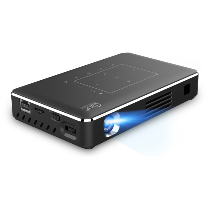 DAM Mini video proyector LED portátil P10-II, DLP. Android 9.0, WiFi, panel táctil. Batería recargable. Duplicación pantalla. Netflix, Youtube, etc. 16x9,8x2,8 Cm. Color: Negro