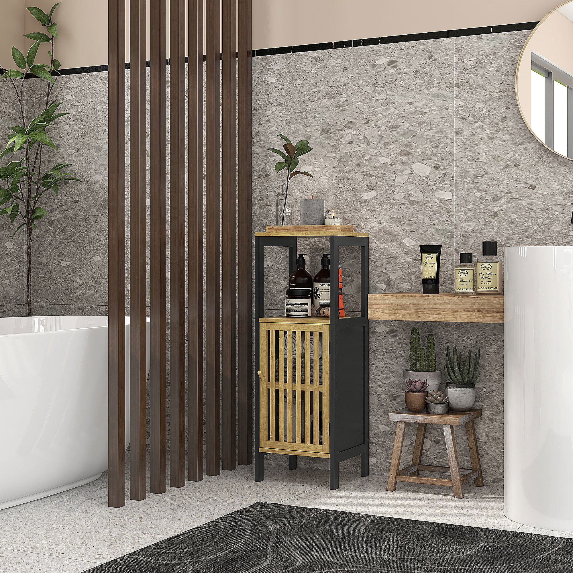 Meuble bas salle de bain - porte, 3 étagères - MDF noir bambou verni