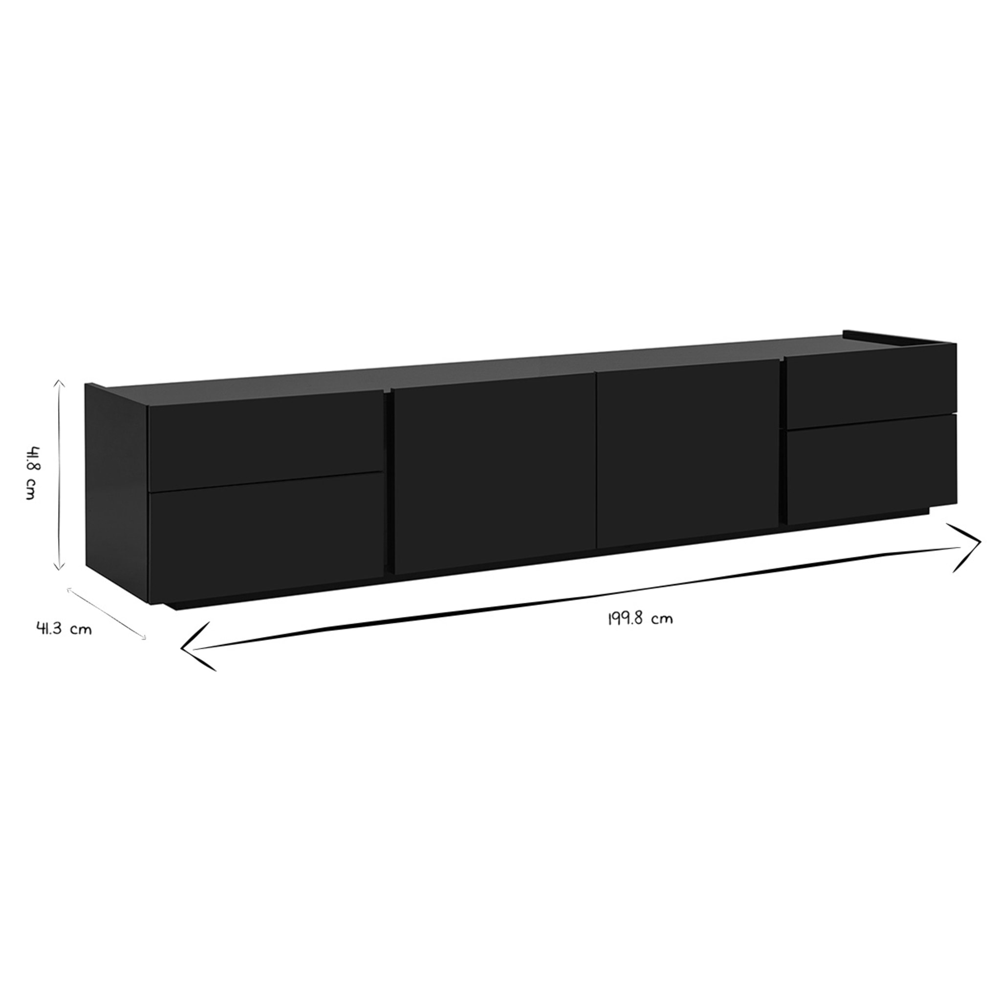 Meuble TV design noir laqué brillant avec rangements L199.8 cm ISAURE