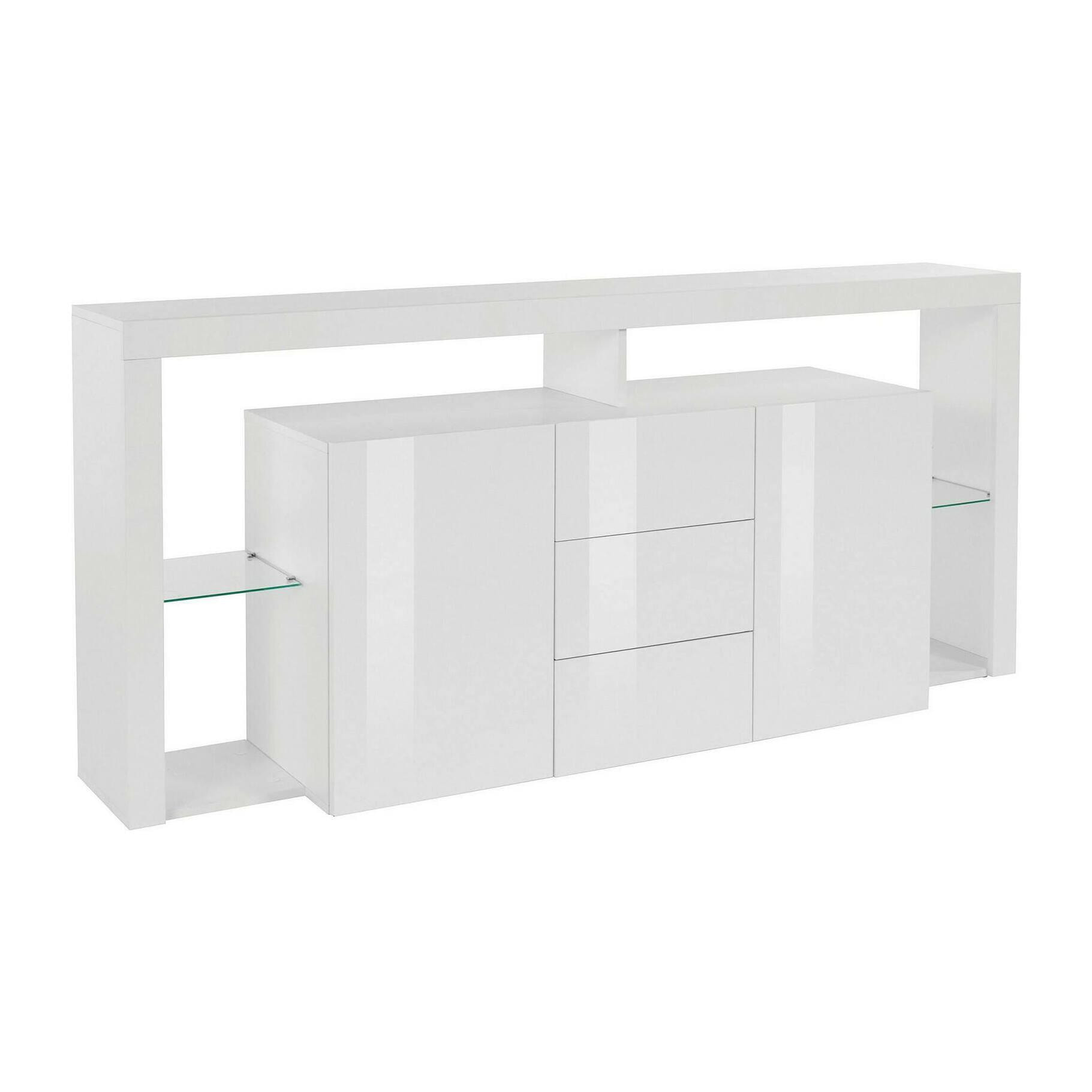 Credenza Ddapozz, Buffet da soggiorno a 2 ante e 3 cassetti, Madia da salotto, Credenza moderna, 100% Made in Italy, 180x40h80 cm, Bianco lucido