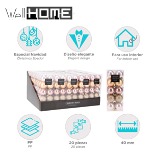 set de 20 bolas de navidad de 4cm con diseños acabados en mate y brillante en colores champagne