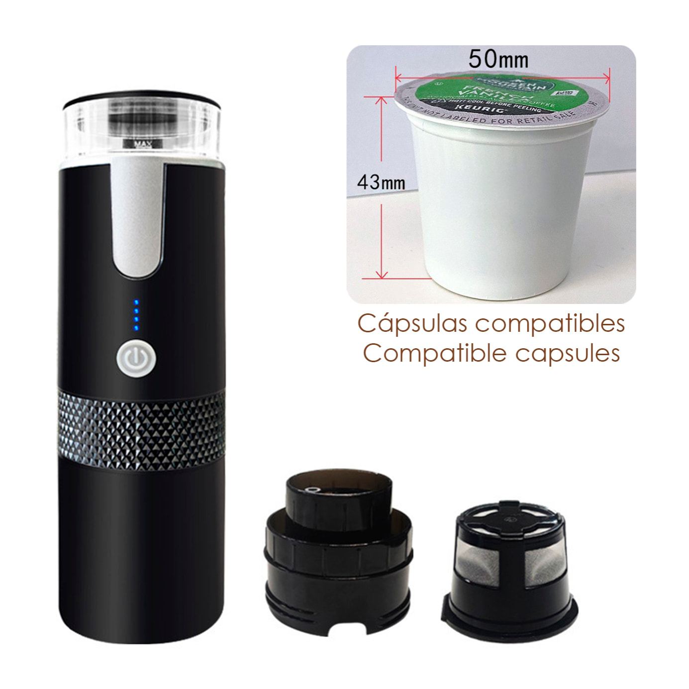 Cafetera de cápsulas portátil con tanque de 170 ml, batería recargable de 1200mAh y calentador eléctrico.