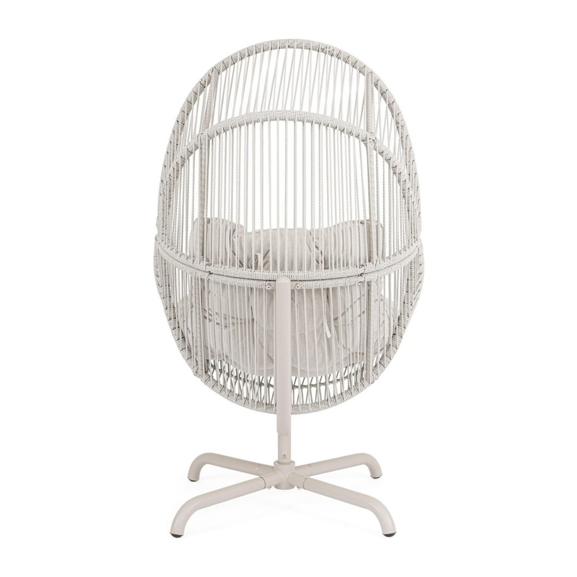 Poltrona girevole da giardino TARIFA con intreccio in fibra sintetica, base beige chiaro e cuscino