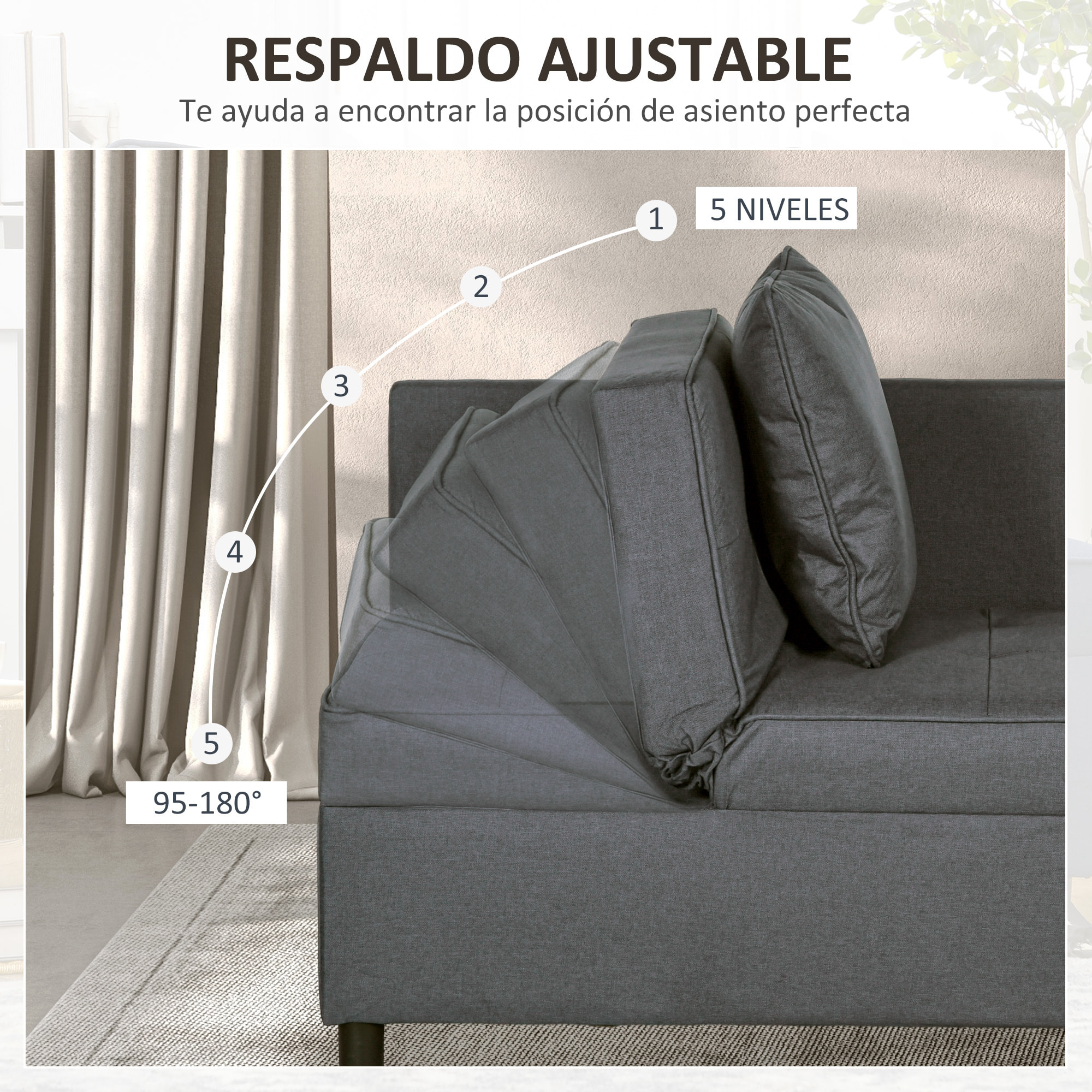 Sofá Cama 3 en 1 Sofá Cama de 1 Plaza con Respaldo Ajustable Sillón Cama Individual con Almohadas para Dormitorio Sala de Estar Apartamento Gris