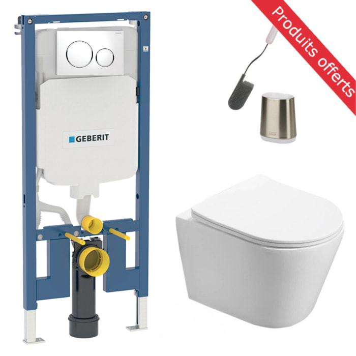 Pack WC sans bride Infinitio + Abattant slim softclose + Bâti Geberit UP320 + Plaque blanc/chromé + Brosse Joseph Joseph OFFERTE