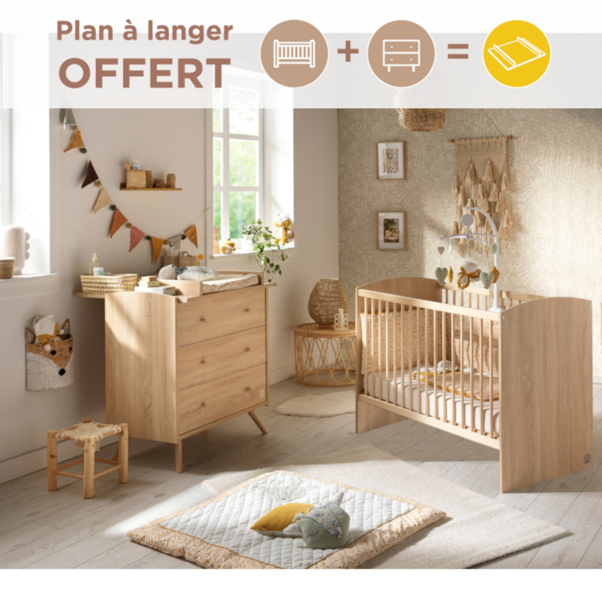 Chambre bébé complète Access, Lit 120x60 et Commode à langer - Chêne doré