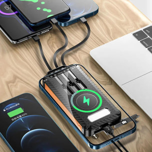 Powerbank solare da 10.000 mAh con ricarica wireless da 5 W, cavi USB-C, Lightning e Micro USB integrati. Torcia a led integrata.