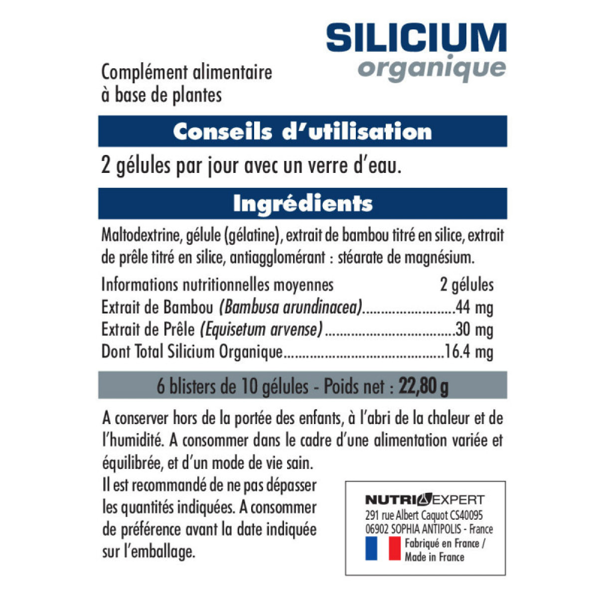 NUTRIEXPERT – Silicium Organique V3 – Renforce souplesse et confort des articulations – Riche en Silicium Organique Origine végétale – Extraits Bambou et Prêle – Reminéralisation osseuse - Cure 30j