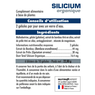 NUTRIEXPERT – Silicium Organique V3 – Renforce souplesse et confort des articulations – Riche en Silicium Organique Origine végétale – Extraits Bambou et Prêle – Reminéralisation osseuse - Cure 30j